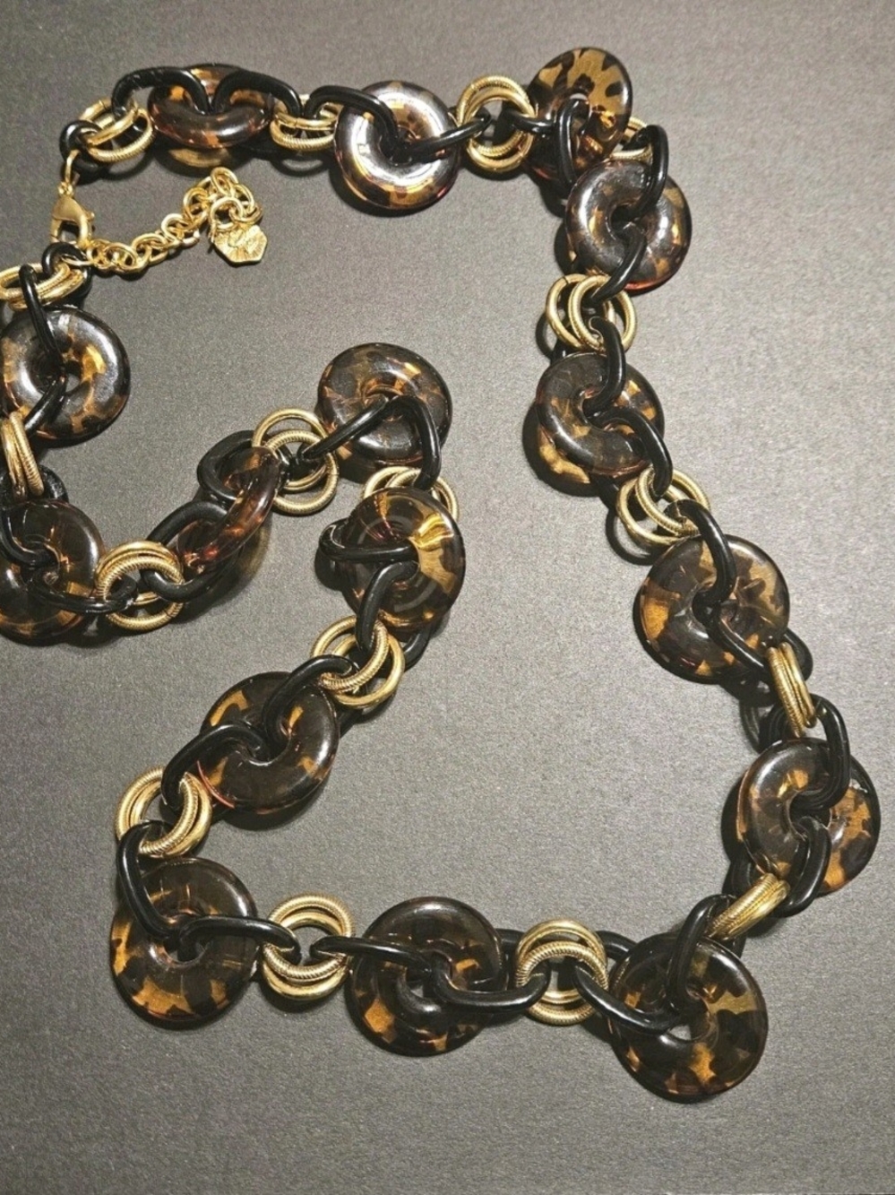 Vtg Graziano Faux Tortoiseshell Chunky Gold Tone Link 32" Necklace